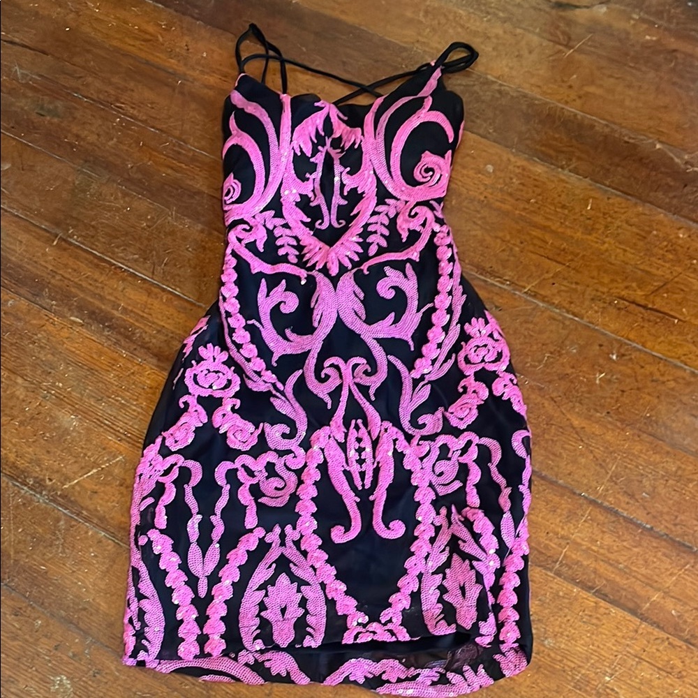 B Darlin Black and Pink Spaghetti Strap Bodycon Mini